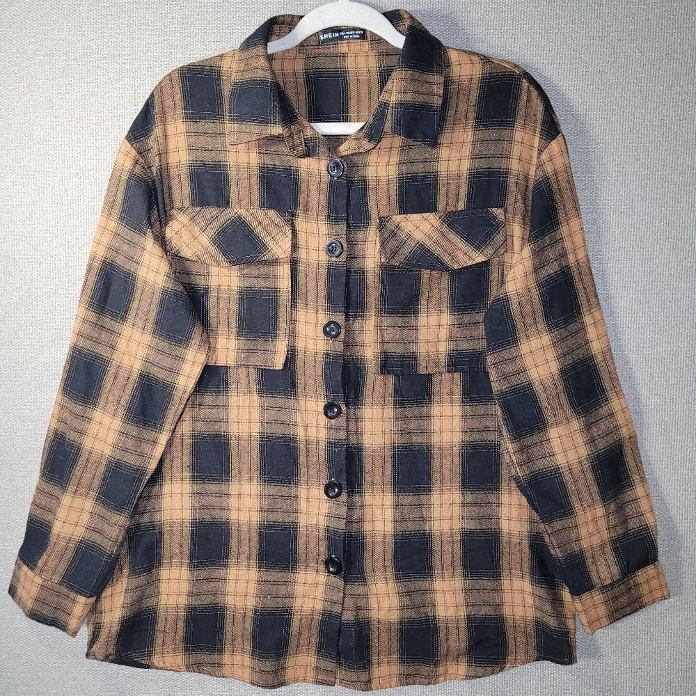 SHEIN Size Large Black and Brown Plaid Buttpn Up Flannel Shirt